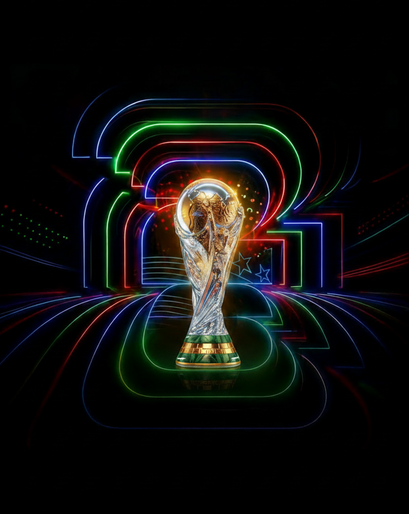 The World Cup trophy lit against a neon 2026 backdrop.